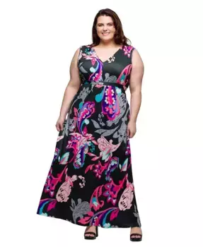 Платье макси без рукавов с V-образным вырезом и завышенной талией, принтованное, plus size 24seven Comfort Apparel, розовый