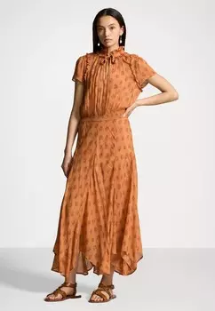 Платье макси BLOCK PRINT GEORGETTE TIE NECK DRESS Ralph Lauren, оранжевый