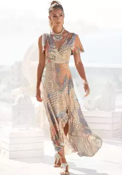 Платье макси Buffalo с животным принтом, разрезом и оборкой, рукавами-крылышками, платье с принтом, синий