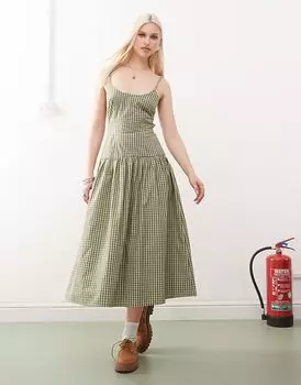 Платье макси COLLUSION с круглым вырезом и заниженной талией в зеленую клетку