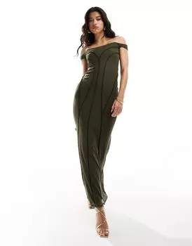 Платье макси цвета хаки ASOS DESIGN с открытым вырезом и контрастной строчкой