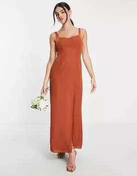 Платье макси цвета ржавчины ASOS DESIGN Bridesmaids с атласным округлым вырезом и разрезами