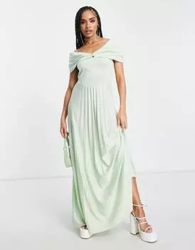 Платье макси цвета шалфейного цвета со складками и открытыми плечами ASOS DESIGN - GREEN