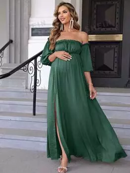 Платье-макси для беременных Joyfunear и с разрезом на одно плечо, темно-зеленый