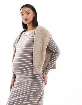 Платье макси для беременных Mamalicious Maternity из джерси с длинными рукавами в серо-коричневую полоску Mama.licious