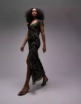 Платье макси для особого случая Topshop с разрезом спереди, рукавами с рюшами и цветочным принтом