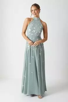 Платье макси для подружек невесты с цветочной вышивкой и воротником-халтер Coast, зеленый