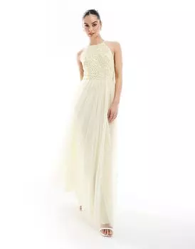 Платье макси для подружек невесты с лямкой через шею, бледно-желтого цвета Maya