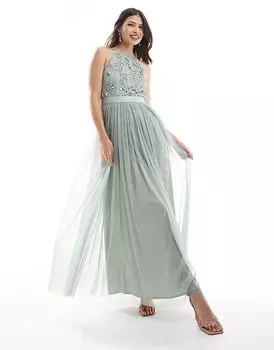 Платье макси для подружек невесты с цветочным узором и халтер-воротником в цвете зеленого шалфея Maya
