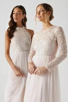 Платье макси для подружки невесты с 3d цветочным декором и длинными рукавами Coast, розовый