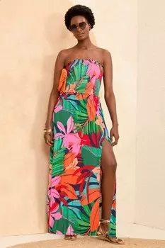 Платье макси «два в одном» со рюшами и вырезом-бандо Love & Roses, мультиколор