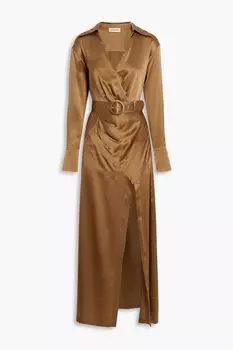 Платье макси Electra из шелкового атласа с запахом и поясом NICHOLAS, коричневый