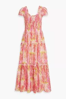Платье макси Elisabelle со сборками и цветочным принтом из хлопка и шелка LOVESHACKFANCY, коралловый