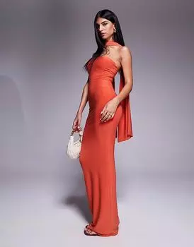 Платье макси Fashionkilla с двойной скульптурной отделкой и обтягивающим шарфом оранжевого цвета