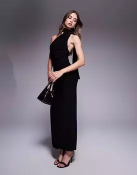 Платье макси Fashionkilla с двойным облегающим силуэтом и шарфом черного цвета