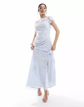 Платье макси French Connection Ariana из шифона с отделкой пудрово-голубого цвета