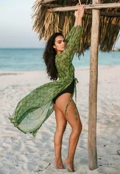 Платье макси GEOMETRIC PALM PRINT TIE-FRONT KAFTAN Chelsea Peers, хаки