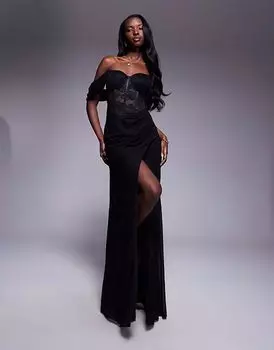 Платье макси Goddiva из фестончатого кружева и шифона с крылышками и корсетом черного цвета