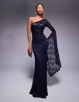 Платье макси Goddiva на одно плечо с фестончатым вырезом черного цвета