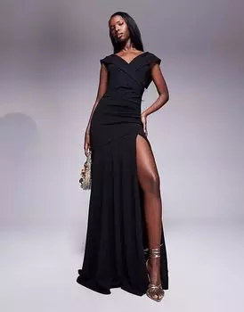 Платье макси Goddiva Scuba из крепа с открытыми плечами и разрезом спереди черного цвета