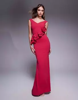 Платье макси Goddiva Scuba из крепа и розового кружева с оборками в пурпурном цвете