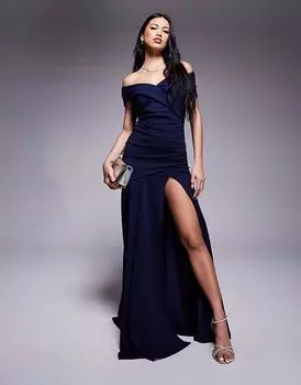 Платье макси Goddiva Scuba из крепа с открытыми плечами и разрезом спереди в темно-синем цвете