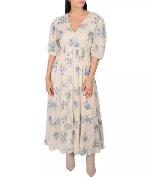 Платье макси Halo с принтом колокольчика Talisman и V-образным вырезом с короткими рукавами и пышными рукавами, цветочный