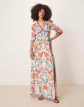 Платье макси Hope & Ivy с оборками на рукавах и разрезом на спине, красного цвета, многоцветное