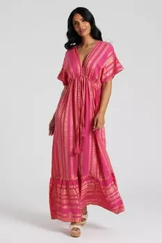 Платье макси из 100% хлопка с металлическим жаккардом и V образным вырезом South Beach, розовый