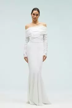 Платье макси из эластичного крепа «рыбий хвост» с сетчатым вырезом и открытыми плечами Coast, белый
