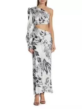Платье макси из эластичного шелка Matiz с асимметричным цветочным принтом и вырезом Adriana Iglesias, цвет Garden White
