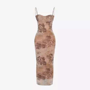 Платье макси из эластичной сетки с цветочным принтом Aiza House Of Cb, бежевый