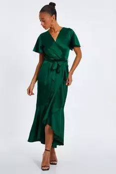 Платье-макси из атласа бутылочно-зеленого цвета QUIZ Clothing