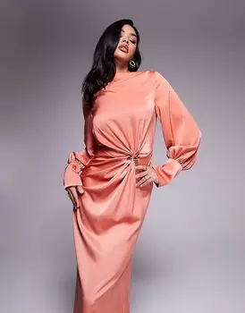 Платье макси из атласа косого кроя ASOS DESIGN светло-медного цвета с перекрученной передней частью и золотой фурнитурой