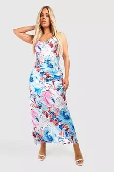 Платье макси из атласа плюс с мраморным принтом Boohoo, розовый