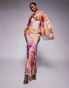Платье макси из атласа с драпировкой и косой вязкой ASOS DESIGN с шарфом сверху и крупным цветочным принтом