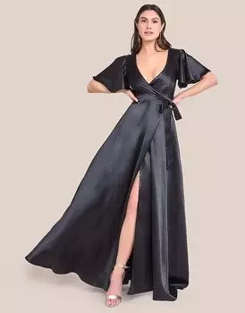 Платье макси из атласа с рукавами-крылышками и запахом черного цвета Goddiva