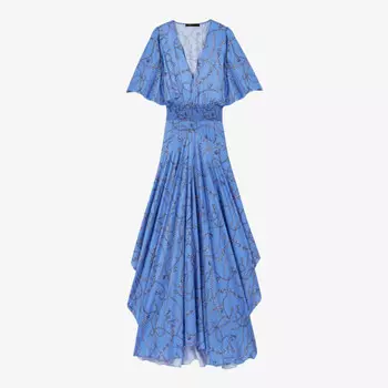 Платье макси из атласа с V-образным вырезом и присборенной талией Maje, синий