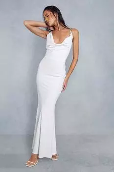 Платье макси из атласа со стразами и драпировкой на спине MISSPAP, белый