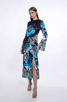 Платье макси из атласного крепа с цветочным принтом Karen Millen, темно-синий