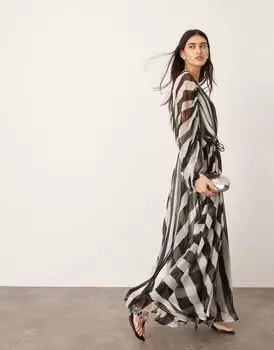 Платье макси из экстремального шифона со сборками на талии ASOS EDITION в монополоску с принтом