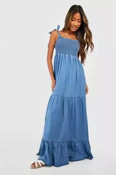 Платье макси из денима шамбре Boohoo, индиго