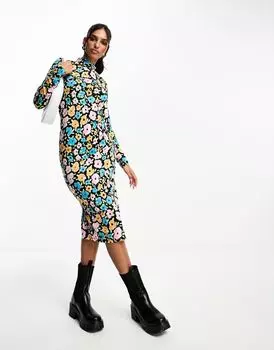 Платье макси из джерси с высоким воротником и разрезом по бокам Vila, розовое с цветочным принтом