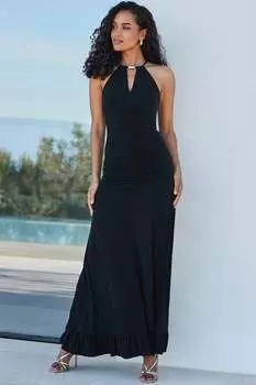 Платье макси из джерси со сборками спереди и воротником-хомутом Sosandar, черный