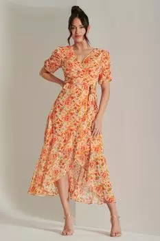 Платье макси из фактурного шифона с металлизированным принтом Jolie Moi, оранжевый