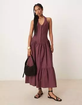 Платье макси из гибридного льна и поплина ASOS DESIGN с бретелью через шею в насыщенном виноградном цвете