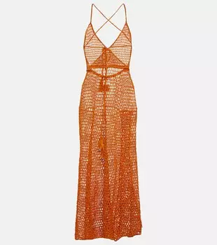 Платье макси из хлопка ажурной вязки ANNA KOSTUROVA, оранжевый