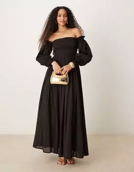 Платье макси из хлопка с кружевом и бусинами, рукавами-фонариками, черного цвета Lace & Beads