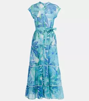 Платье макси из хлопкового муслина с принтом Kora Poupette St Barth, Blue Seaweed