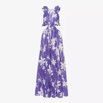 Платье макси из хлопкового поплина Acadian с оборками и цветочным принтом Zimmermann, синий